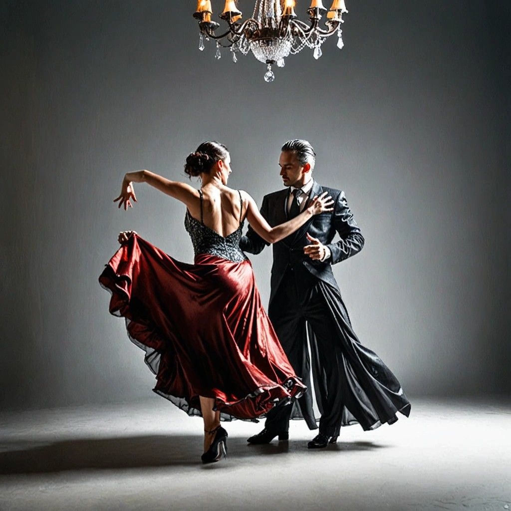 Tango dancers on the dance floor, under a sparkling chandelier, with a deep red velvet curtain backdrop. Their elegant outfits shimmer, the woman's dress flowing like liquid s...-details_16-freedom_15.jpg