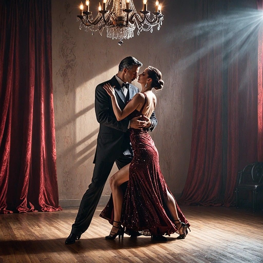 Tango dancers on the dance floor, under a sparkling chandelier, with a deep red velvet curtain backdrop. Their elegant outfits shimmer, the woman's dress flowing like liquid s...-details_16-freedom_83.jpg