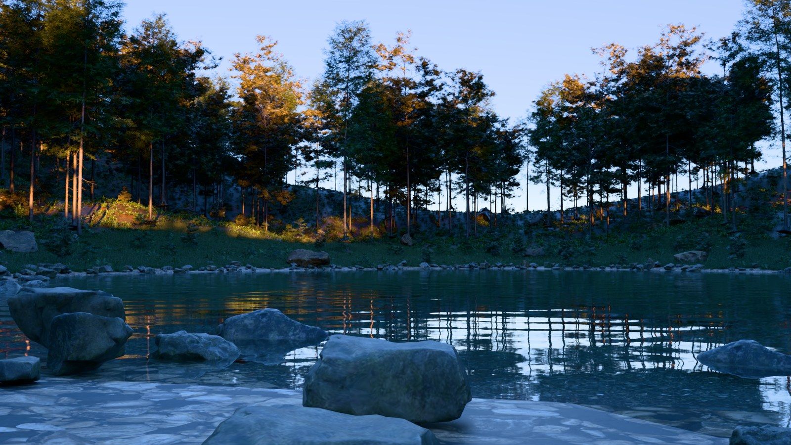 Forest pond at sunset, scattered with Rayscaper