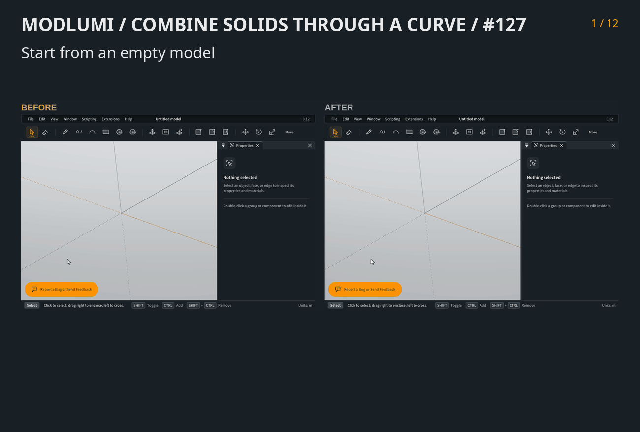 Combine Solids through a curve, before and after
