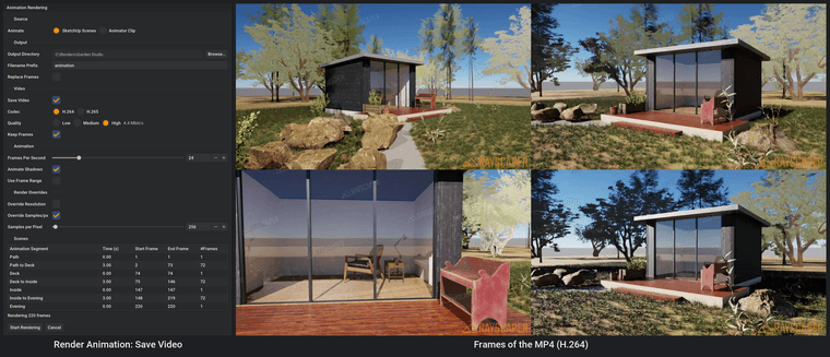Rayscaper's Render Animation dialog with Save Video on: codec H.264 or H.265, quality Low, Medium or High, and Keep Frames. Next to it, four frames of the rendered MP4: a small black garden studio with a wooden deck in a sunny garden with trees and rocks.
