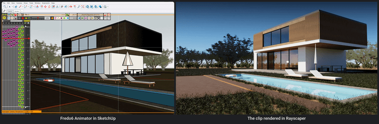 Left: SketchUp with the Fredo6 Animator timeline next to a modern two-storey villa with a pool, a float and a folded parasol. Right: the same clip rendered photorealistically in Rayscaper, the villa in warm sunlight behind a blue pool.
