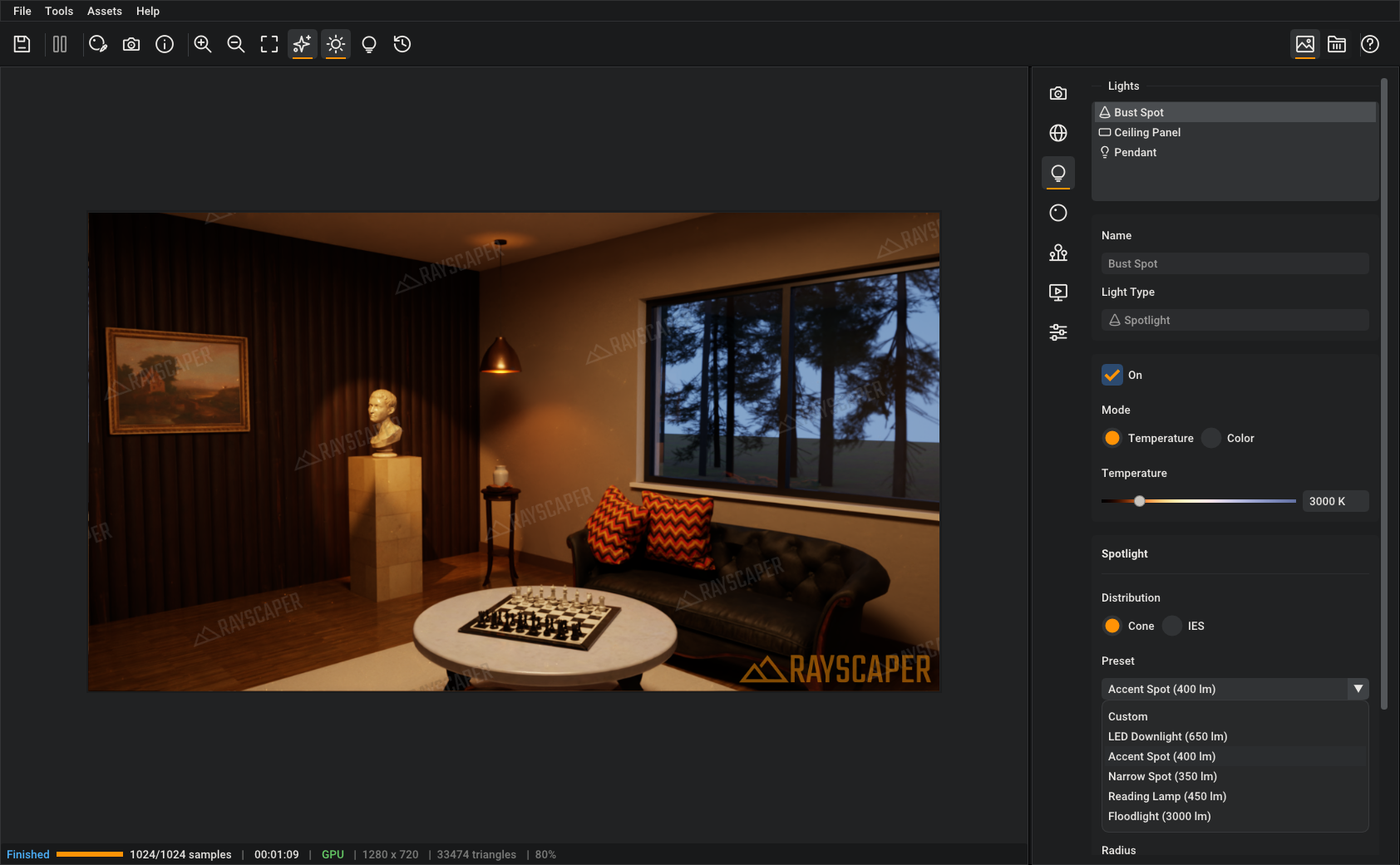 Rayscaper's light editor with the preset list of a spotlight open: LED Downlight 650 lm, Accent Spot 400 lm, Narrow Spot 350 lm, Reading Lamp 450 lm and Floodlight 3000 lm. Next to it, the render of a lounge at night with a marble bust lit by the spot.