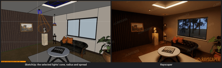 Left: a lounge in SketchUp with lights selected. Orange lines show the cone of a spotlight over a marble bust, with a dashed circle where it is at full brightness, and the spread of a ceiling panel. Right: the same lounge rendered in Rayscaper at night.