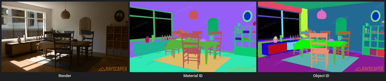 Three versions of a sunlit breakfast room: the Rayscaper render, the Material ID render with every material in its own flat color, and the Object ID render with every object in its own flat color.