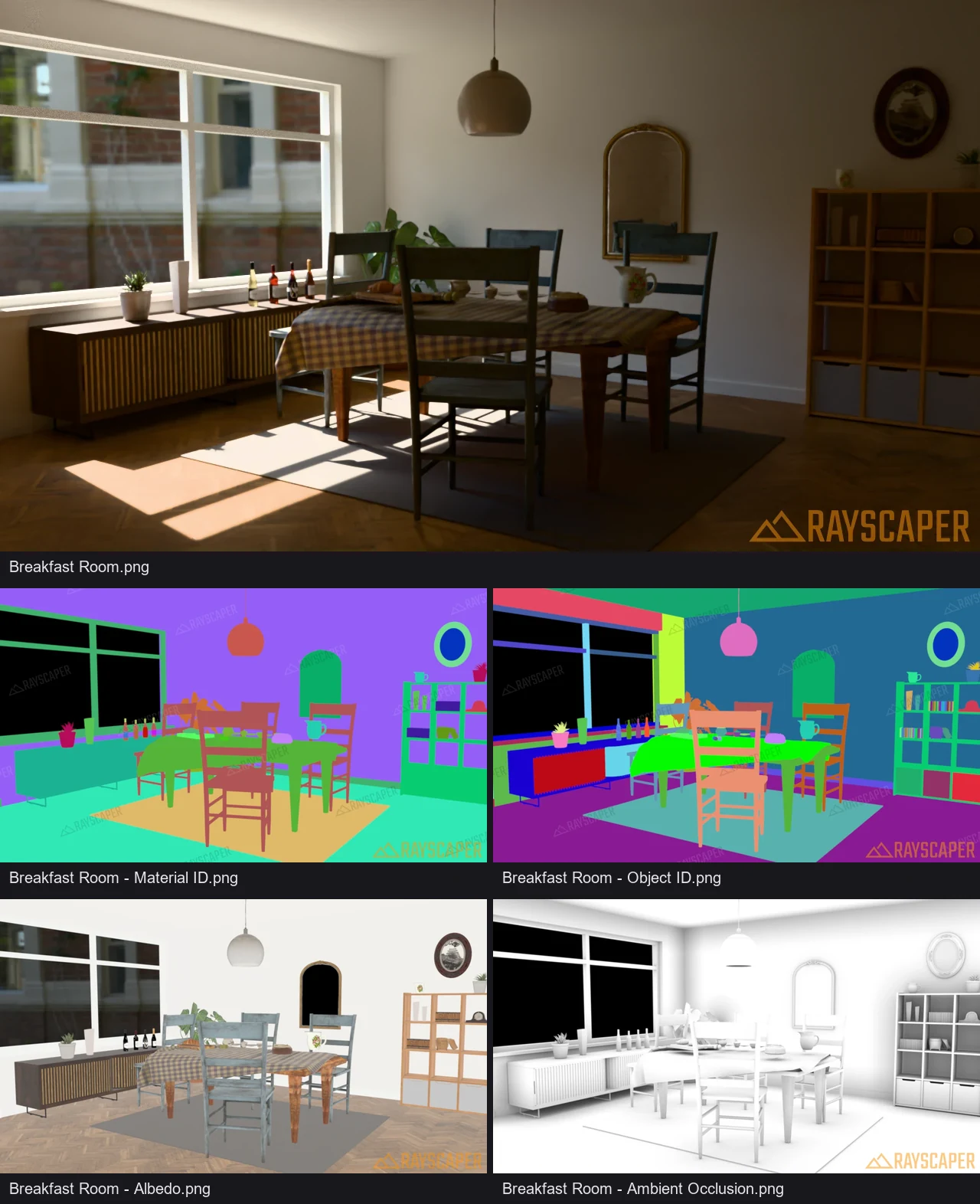 The images that Render Scenes saves for a scene named Breakfast Room: the render, and its Material ID, Object ID, Albedo and Ambient Occlusion passes, each file named after the scene and the pass.