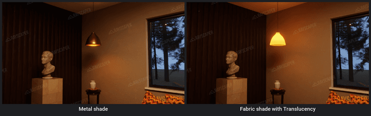 Two renders of a pendant lamp in a lounge at night. Left: a dark metal shade that only lights downward. Right: a fabric shade with Translucency that glows warm yellow and lights the room.