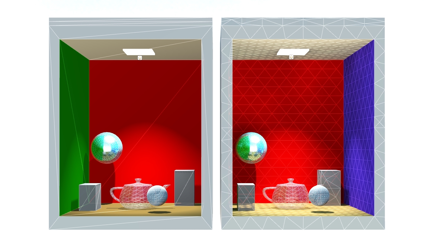 RENDERLights radiosity with and without mesh subdivision.