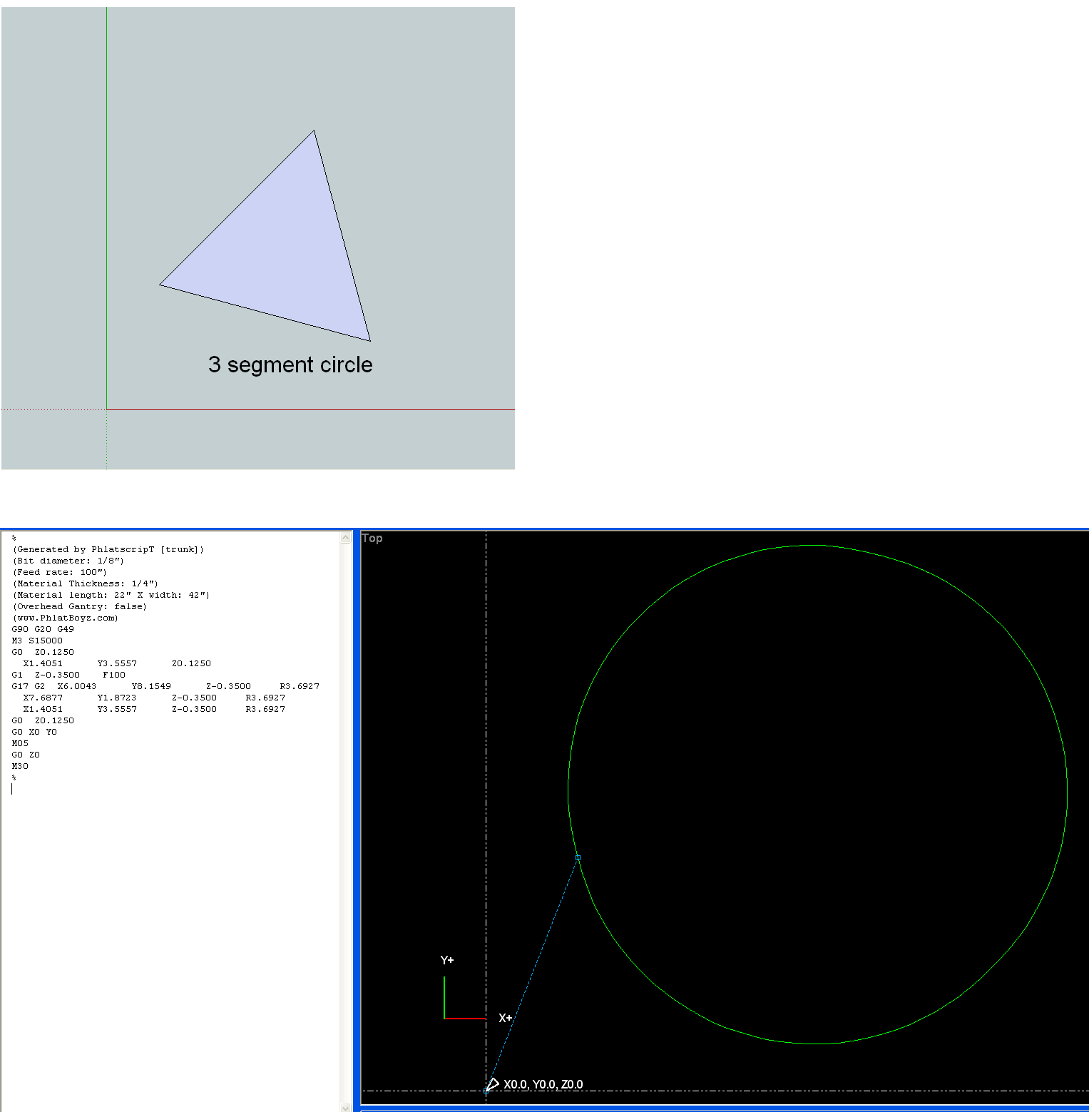3 segment circle and simulated gcode