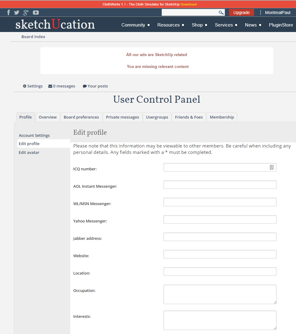 Screenshot of User Control Panel