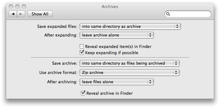 Archive Utility as seen in System Preferences