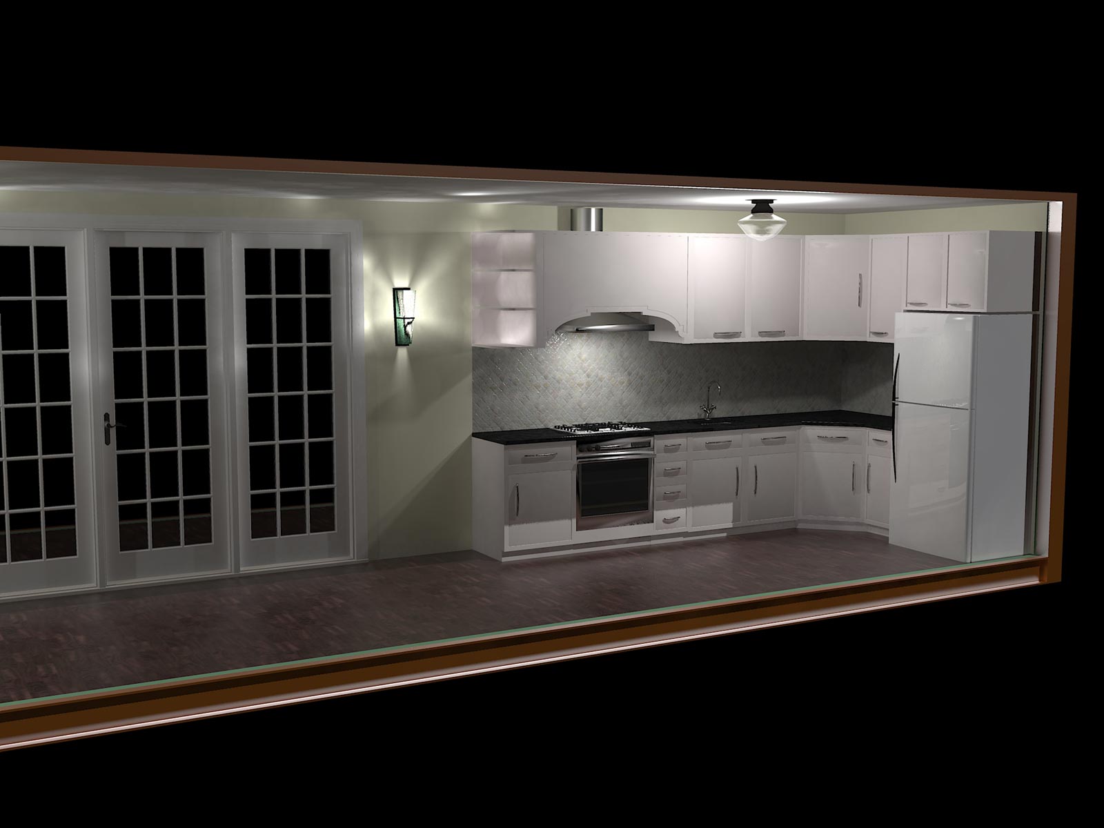 I purposely left out the molding over the cabinets as this is meant to be a partial piece to a larger house. Molding construction would depend on the overall design of what would be attached to this unit. I'm not sure about the light effect from the sconces by the door.