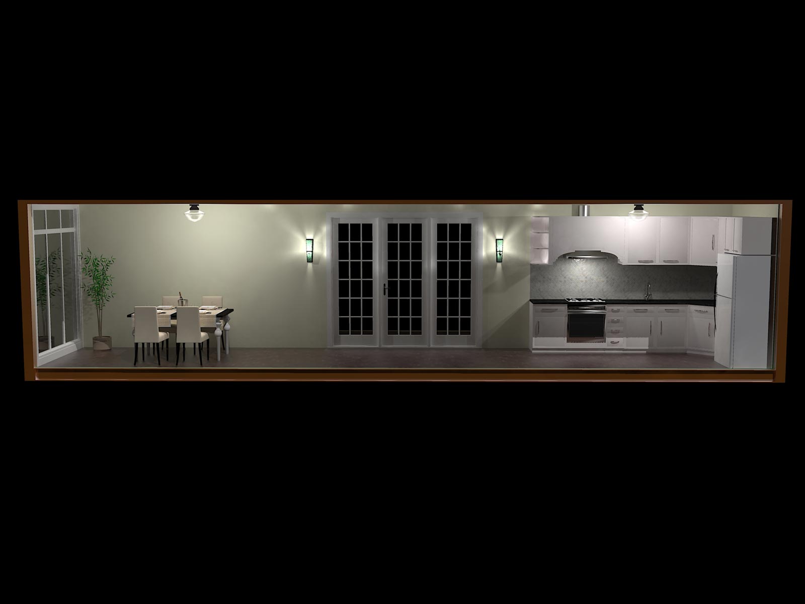 This is a Kitchen/Dining area shipping container home module. This is the raw render full view of this unit. No post production.