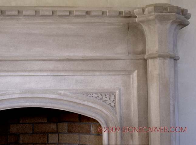 Detail of installed limestone fireplace