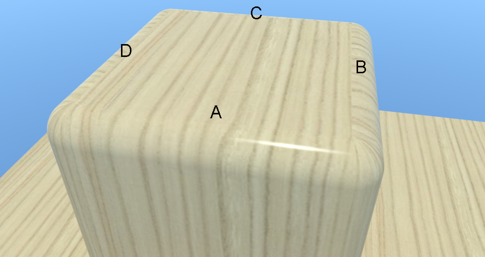 A is the only edge that follows around the rounded corner. All others have some distortion.