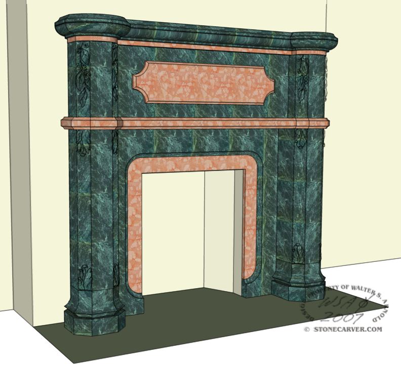 SU proposal drawing for a Chrysanthemum fireplace in two types of Italian marble.