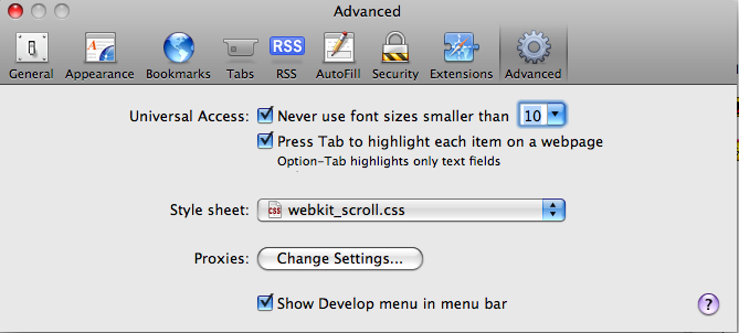 you can set them here for Safari, WebDialogs need the css included