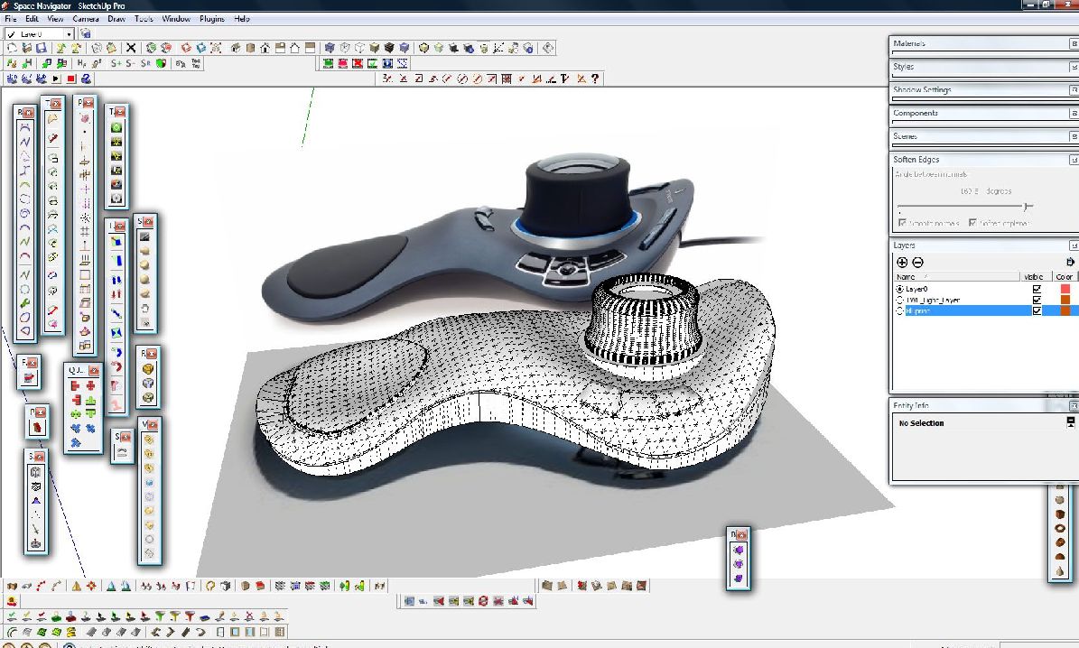 I used the sandbox smoove to push the bubble mesh for the palm pad and wheel.  Modeled the navigator wheel using standard follow me tool.  Used TOS and JPP to start making the buttons.
