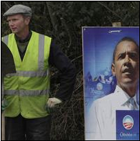 Obama Poster in Monneygall with local CC Worker leaning on the shovel !