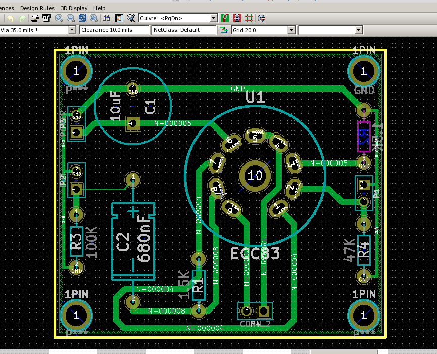 This screen-shot shows the Kicad board in 2d view under pcbnew