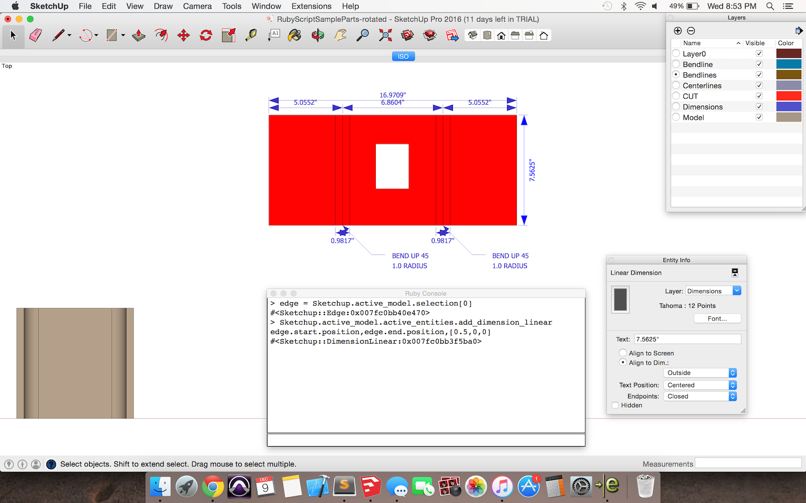 This is the code used to generate the dimension in SketchUp...note the dimension shows up correctly.