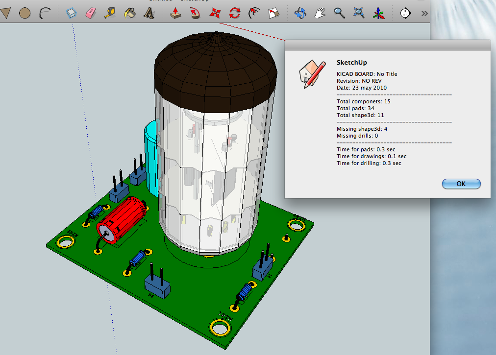 This screen-shot shows the Kicad board imported by Sketchup