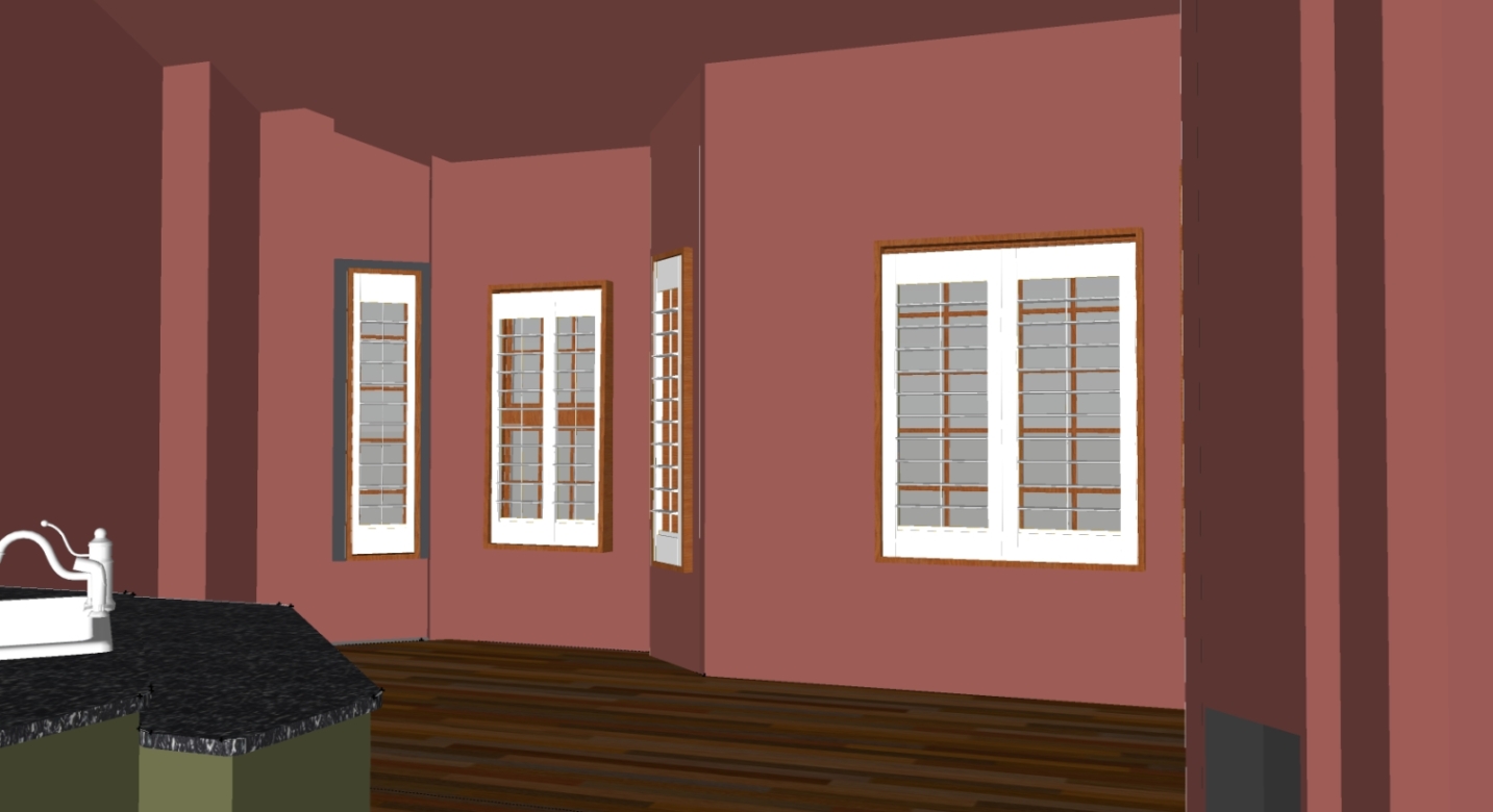 family room with included fireplace and plantation shutters in windows. As I said, no accessories in the room yet.