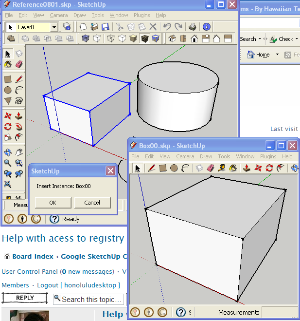 Sketchup window with model, and second sketchup instance with selected component.