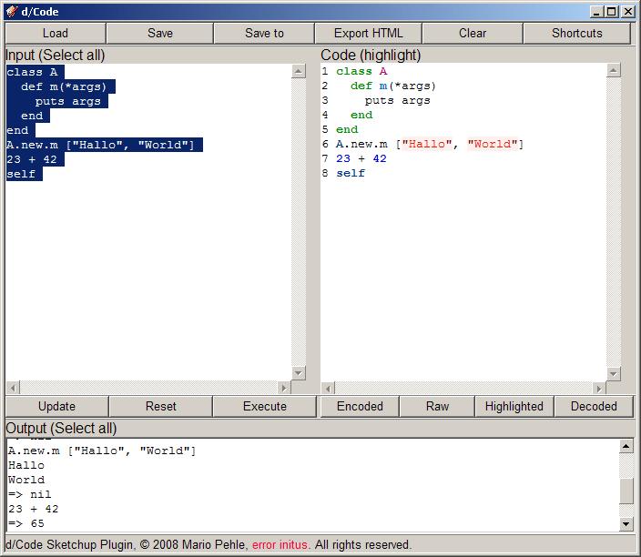 First screenshot of Sketchup Ruby Plugin d/Code