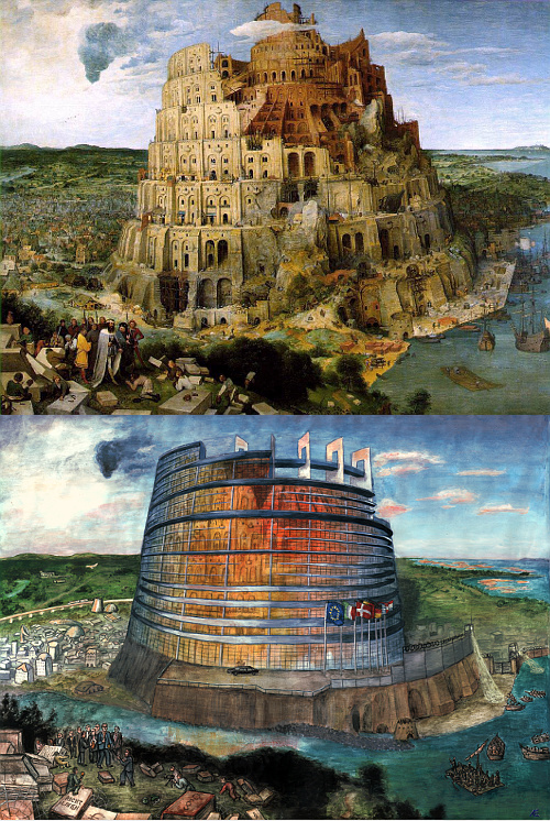 Painting of Tower of Babel by Pieter Brueghel (1563) and European Parliament by me (2006)