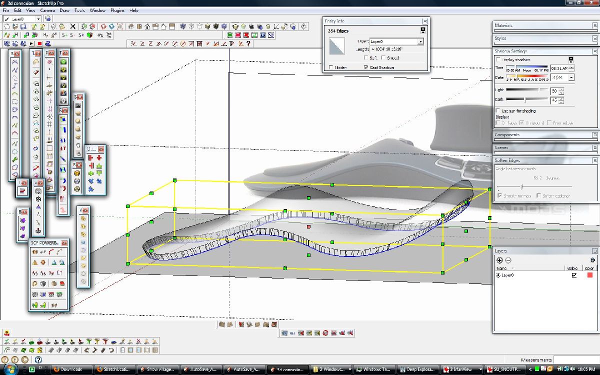 Use the scale tool to scale the new edges inward from center.  This will create the slight bevel for the transition from the top and base.  You can use ThomThom's select quad face loop to select all the inner lines of the new extrusion and soften them, without softening the separating line, as this is needed for texturing.