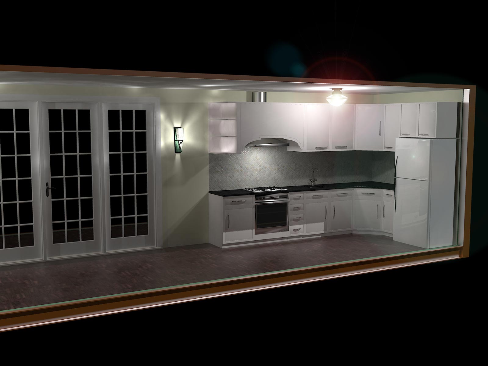 I took this scene in Photoshop and used the magnetic lasso tool around the light fixture glass, did a highlight dodge tool operation and added a lens flare. I think the light coming from the stove canopy should have more of an effect under those cabinets. Not sure how to proceed under there. Thinking a dodge operation. I would also like to add some light switches, outlets and air vents to give more realism.