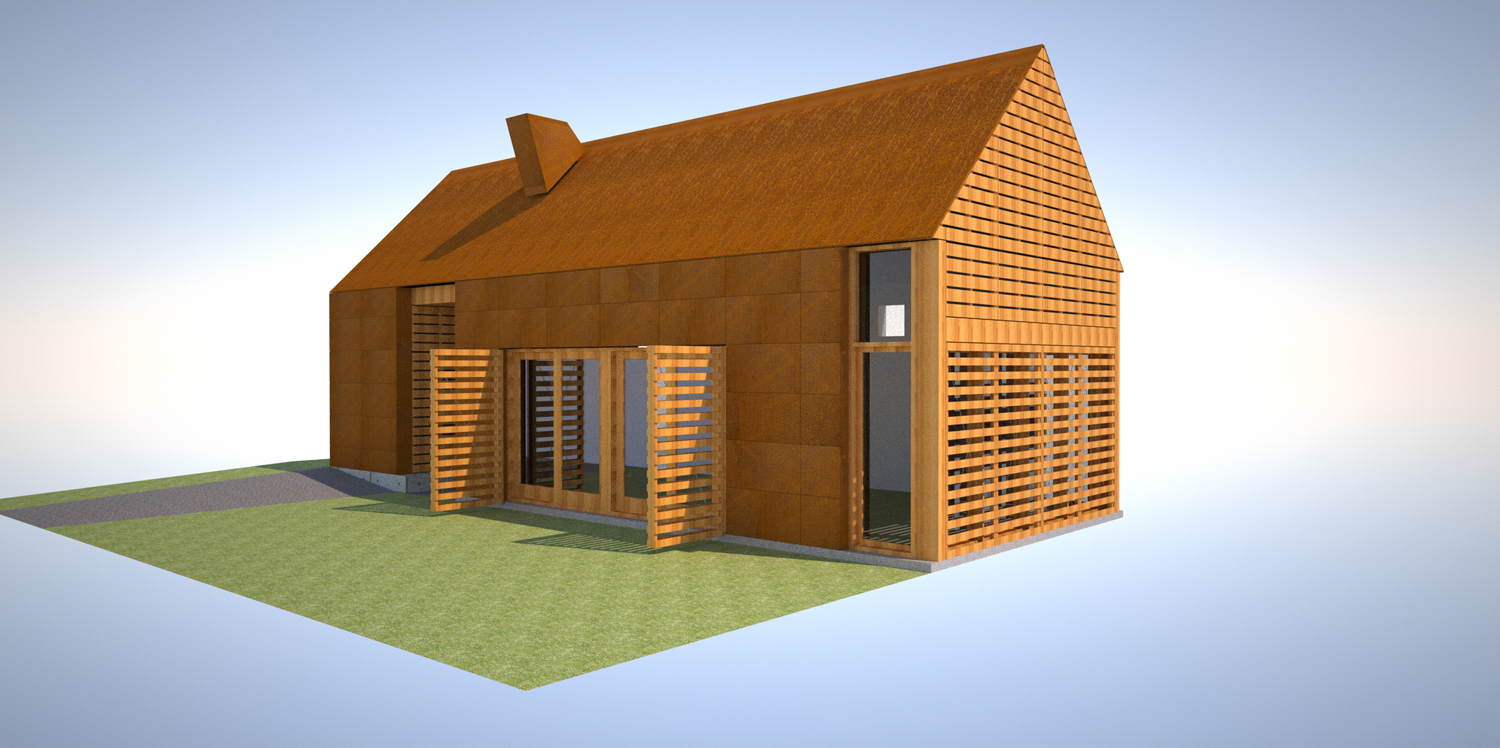 image of the house- wood louvers + corten panels