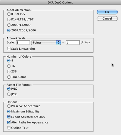 screenshot of AI-DXF export settings
