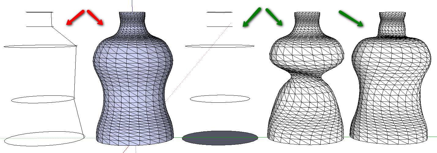 The form at the left is made with a line to split the curves. The other two are not. To the right the output changed every time even when using the exact same curves.