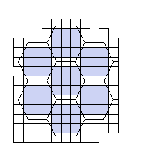 Hexagons around groups of pixels. 12 pixels (or more at lower accuracy), are used to turn on one hexagon, which is then used to create lines for the shadow border.