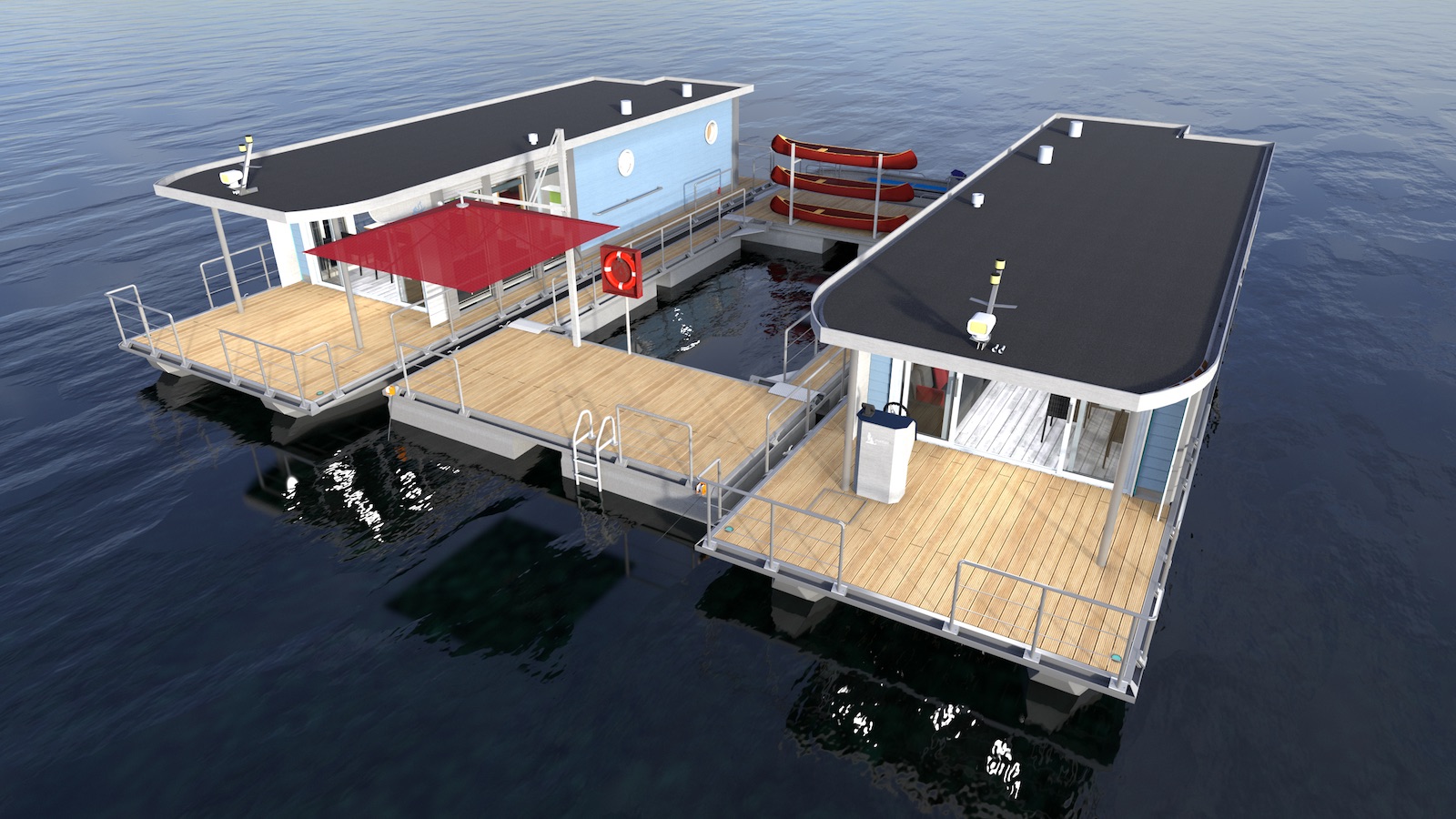 Two houseboats with floating island