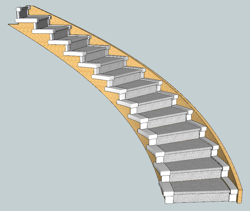 This curved stair has solid wood caps. The carpet is run up the center of the stair simplifying carpet installation and future carpet replacement.