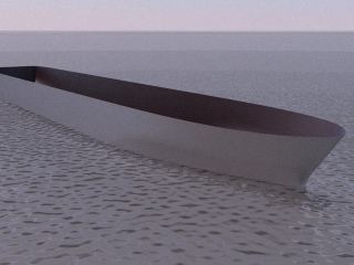 Half-hull mesh from Delftship, cleaned and cloned in SU, quick render in Kerkythea.
