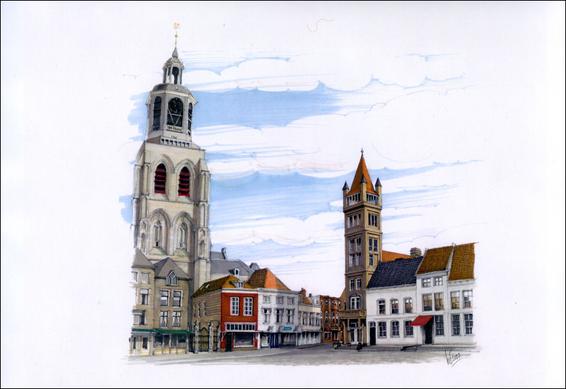 This image is made by a painter.
It shows the main square with the church tower on the left and the new belfry on the right.