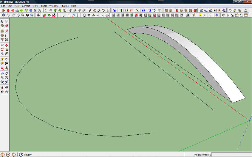 This is a screen shot of the arch I want to bend, the curve I want it to follow, and a dummy line drawn between them to represent the line drawn on the component. None of the lines/components are touching the red or green axis. And you can clearly see the line drawn on the component that I want to use.
