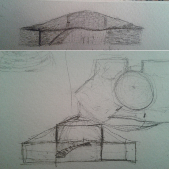 concept sketches (top: elevation, bottom: section)