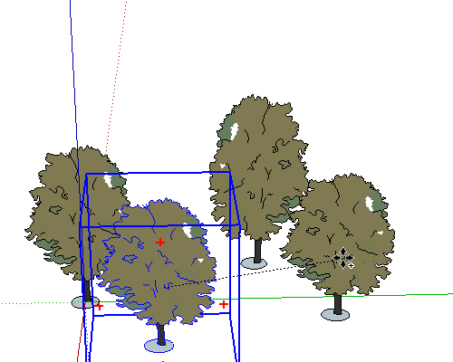 Then I make one of the component unique as well as the face-me tree inside cos I realize I need a bit longer trunk for the slopes. I longer it for 2m and I move down the circle too. I don't touch the axes. I copy that unique component around and scale its instances to different ratios. Some of them I flip around the red or green axis.