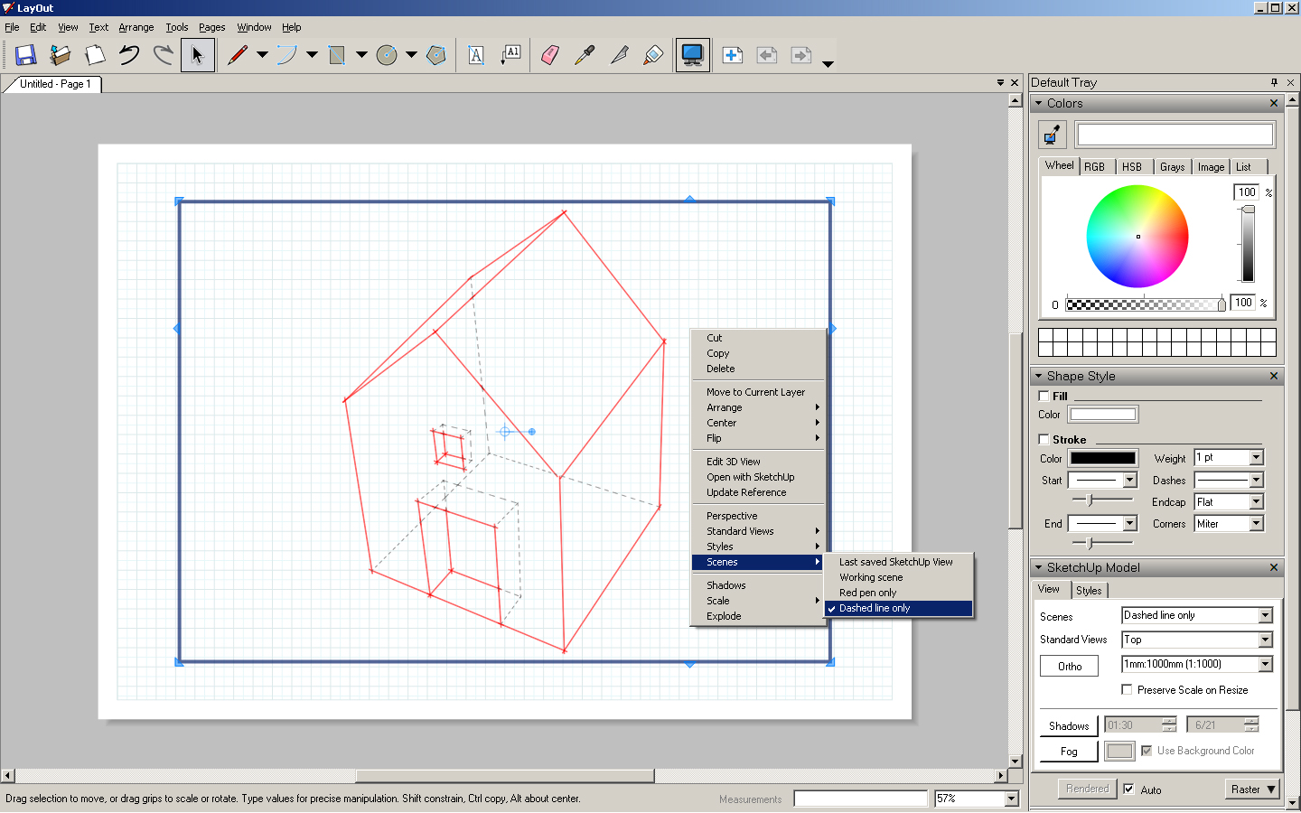 ...then I select the viewport under, and set Dashed line as Scene type